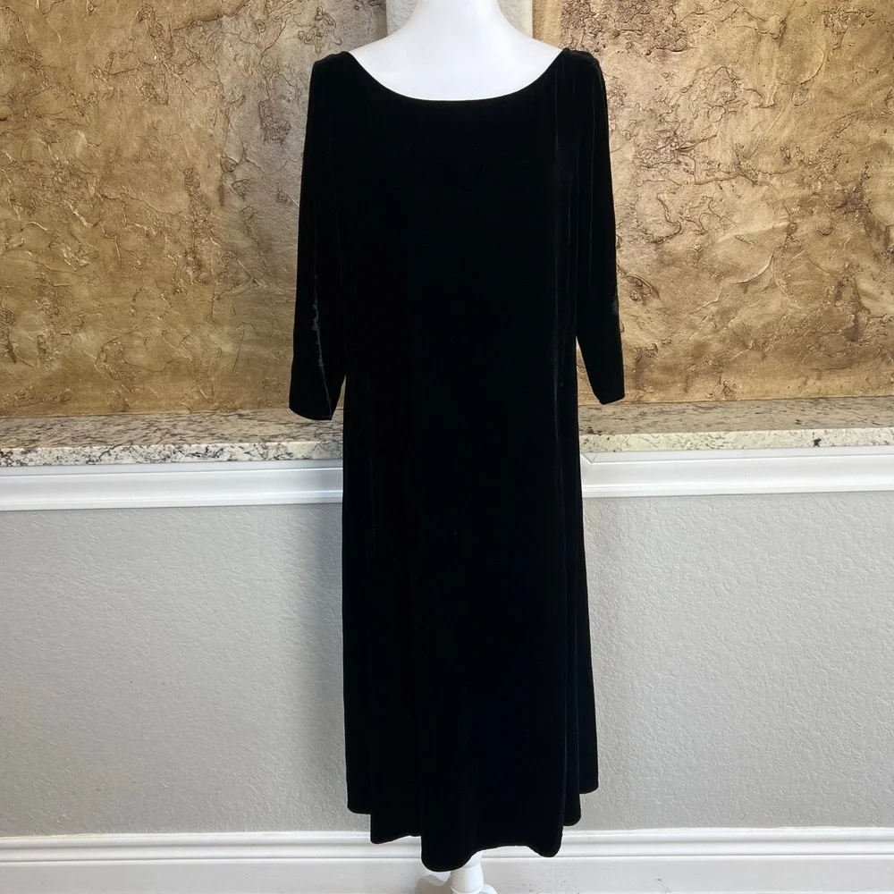 Eileen Fisher Velvet Midi Dress Women S Black Silk Blend 3/4 Sleeve Capsule‎